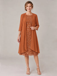Burnt Orange-2 Piece Lace Appliques Chiffon Mother of The Bride Dress with Sequin