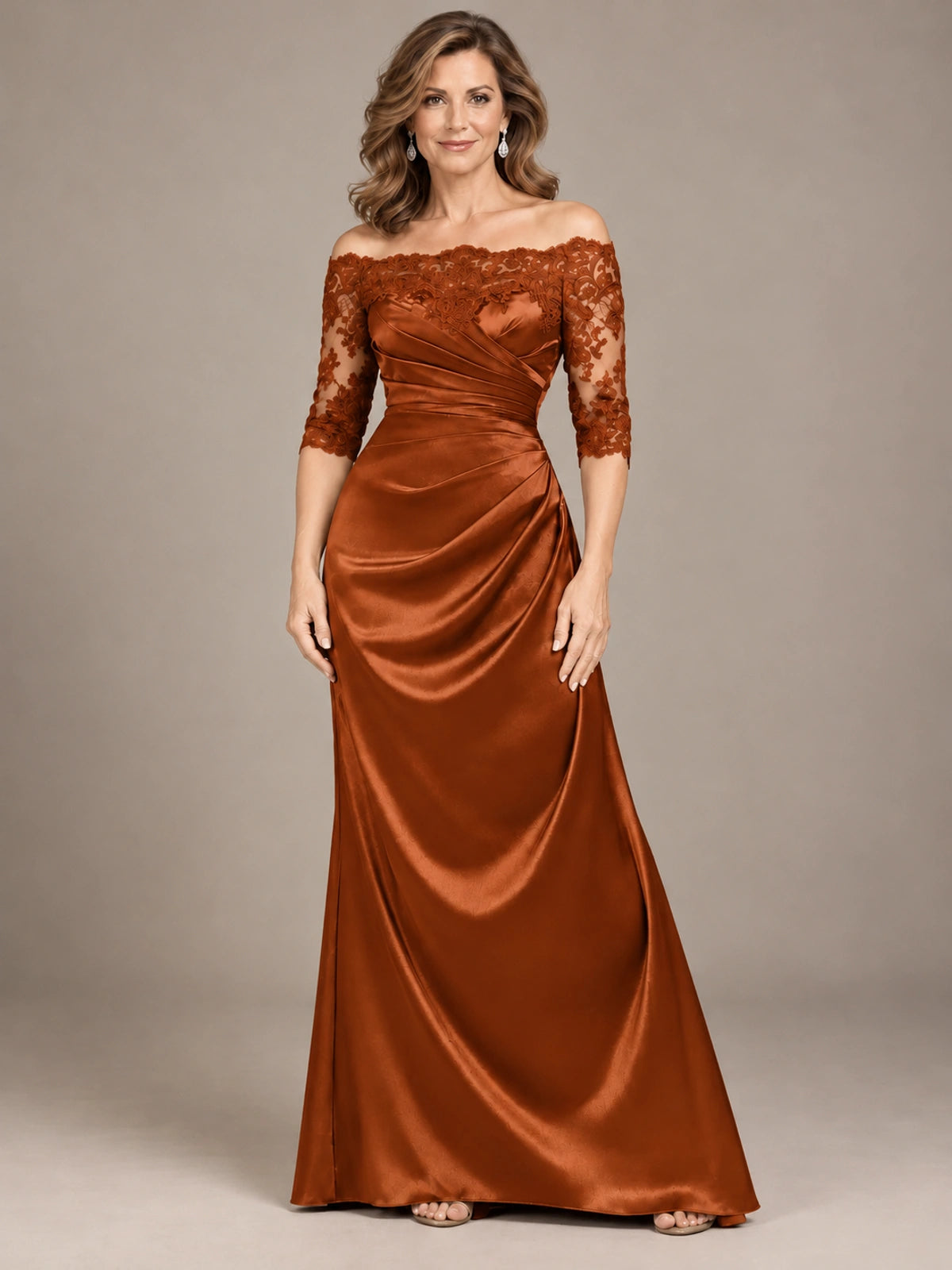 Satin Mother of the Bride Dress with Lace Sleeves Off Shoulder Formal Gown
