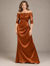 Satin Mother of the Bride Dress with Lace Sleeves Off Shoulder Formal Gown