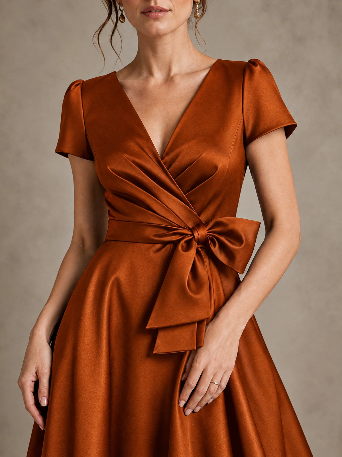 V-Neck Tea-Length Satin Mother of the Bride Dress with Bow