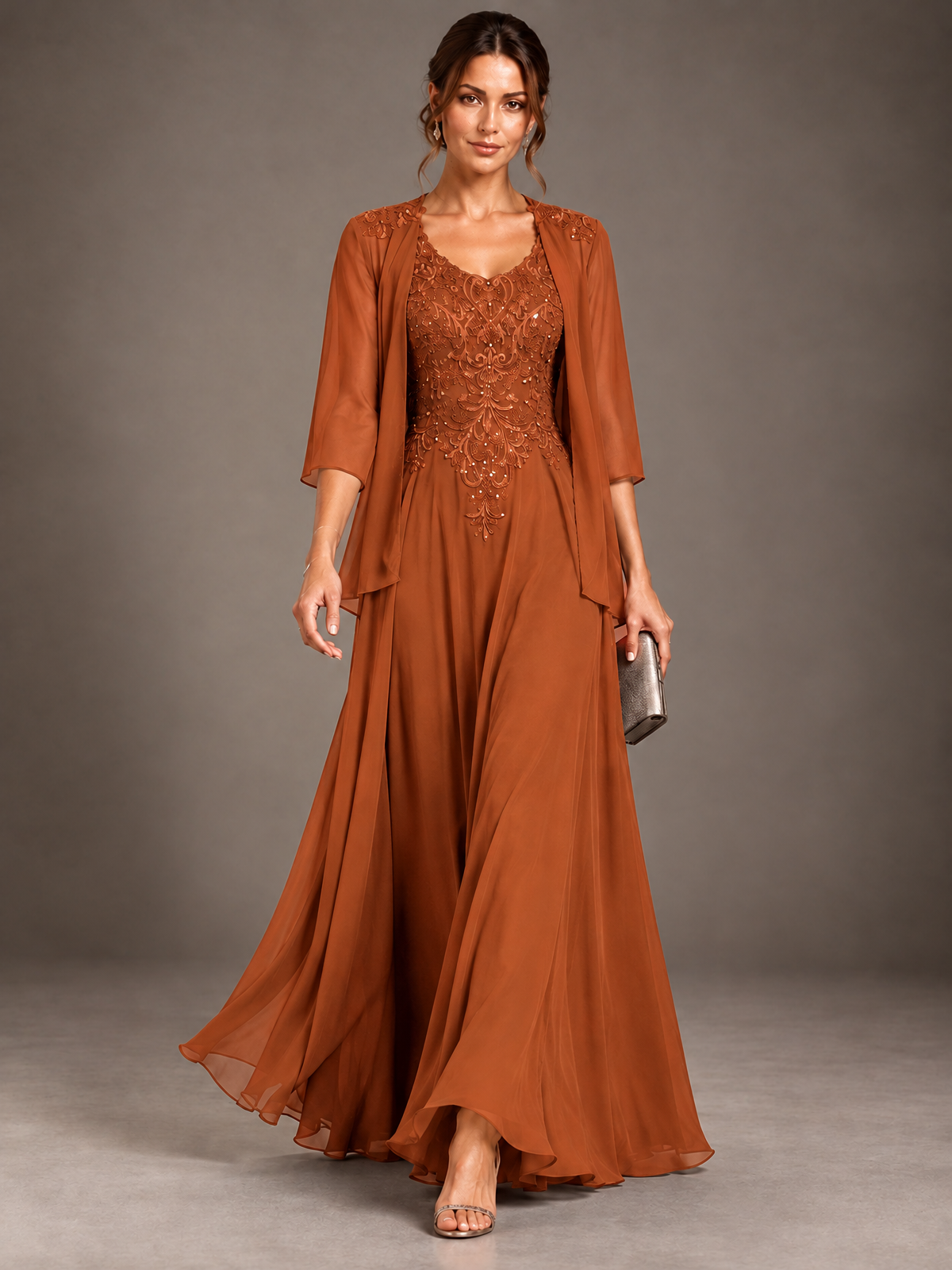A-line 2 Pieces Chiffon Appliques Mother of The Bride Dresses with Jackets