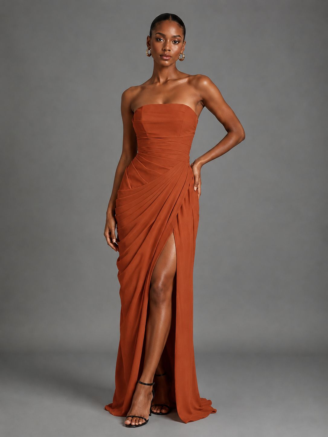 Strapless Bodycon Pleated Chiffon Formal Dress with Slit