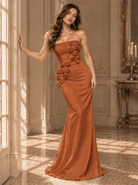White Strapless Mermaid Maxi Dress with 3D Floral Appliques