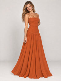 Butter Yellow Ruched Spaghetti Strap Drop-Waist Prom Dress