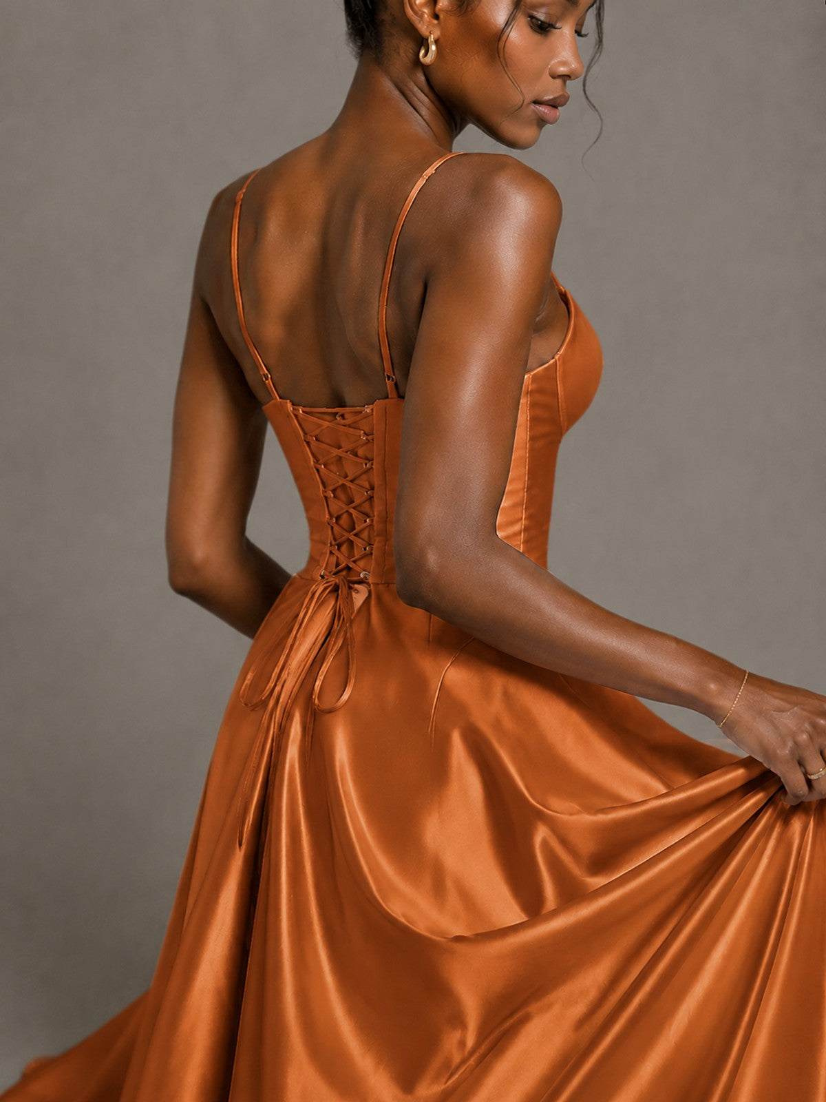 Lavender V Neck Satin Prom Dress with Spaghetti Straps