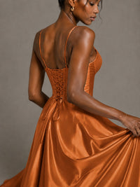 Lavender V Neck Satin Prom Dress with Spaghetti Straps