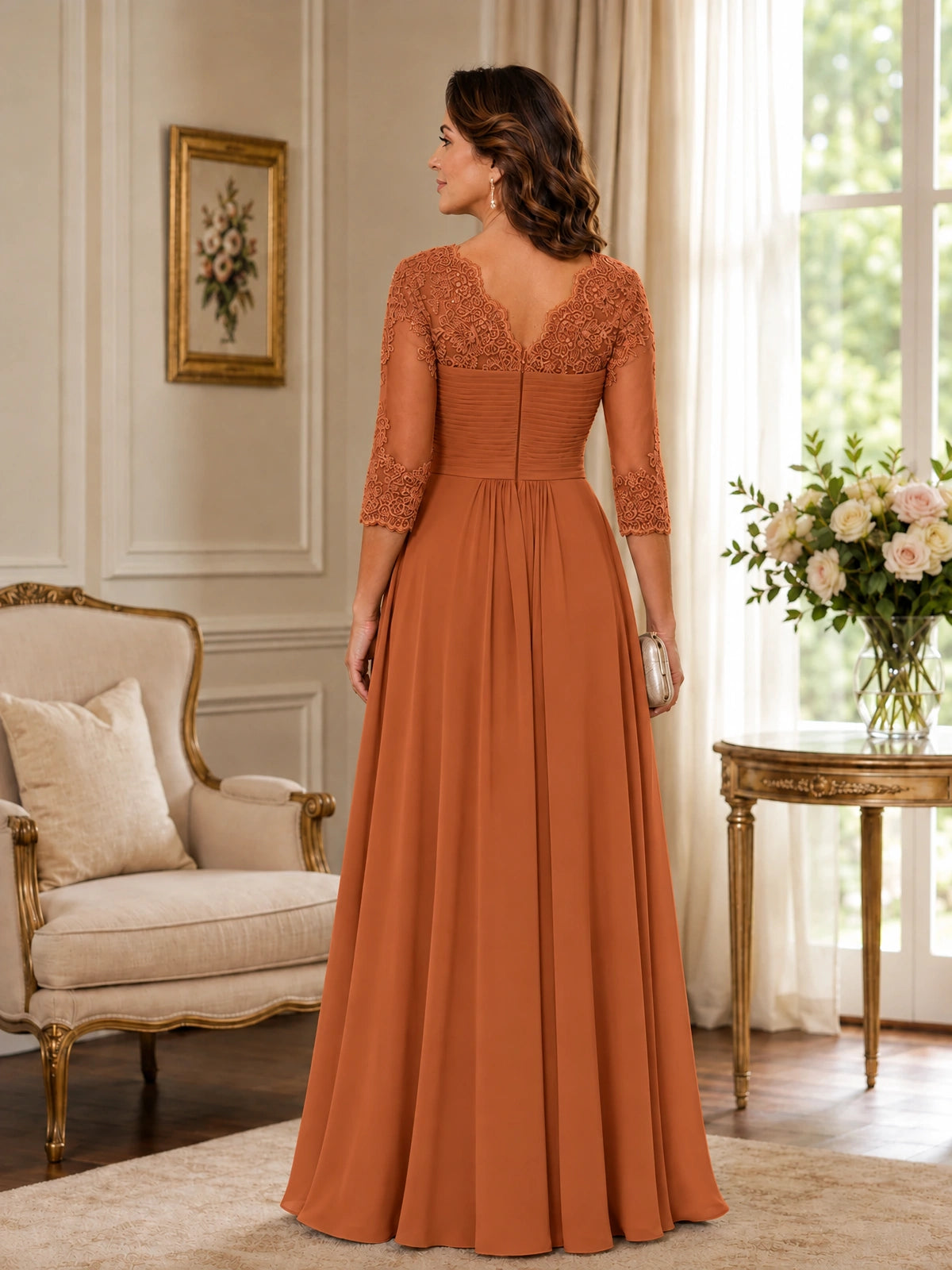 Chiffon Lace Applique Mother of the Bride Dress with 3/4 Sleeves