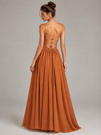 Spaghetti Strap Ruched Chiffon Maxi Dress with Backless