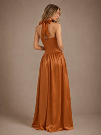 Pink V Neck Halter Satin Maxi Dress