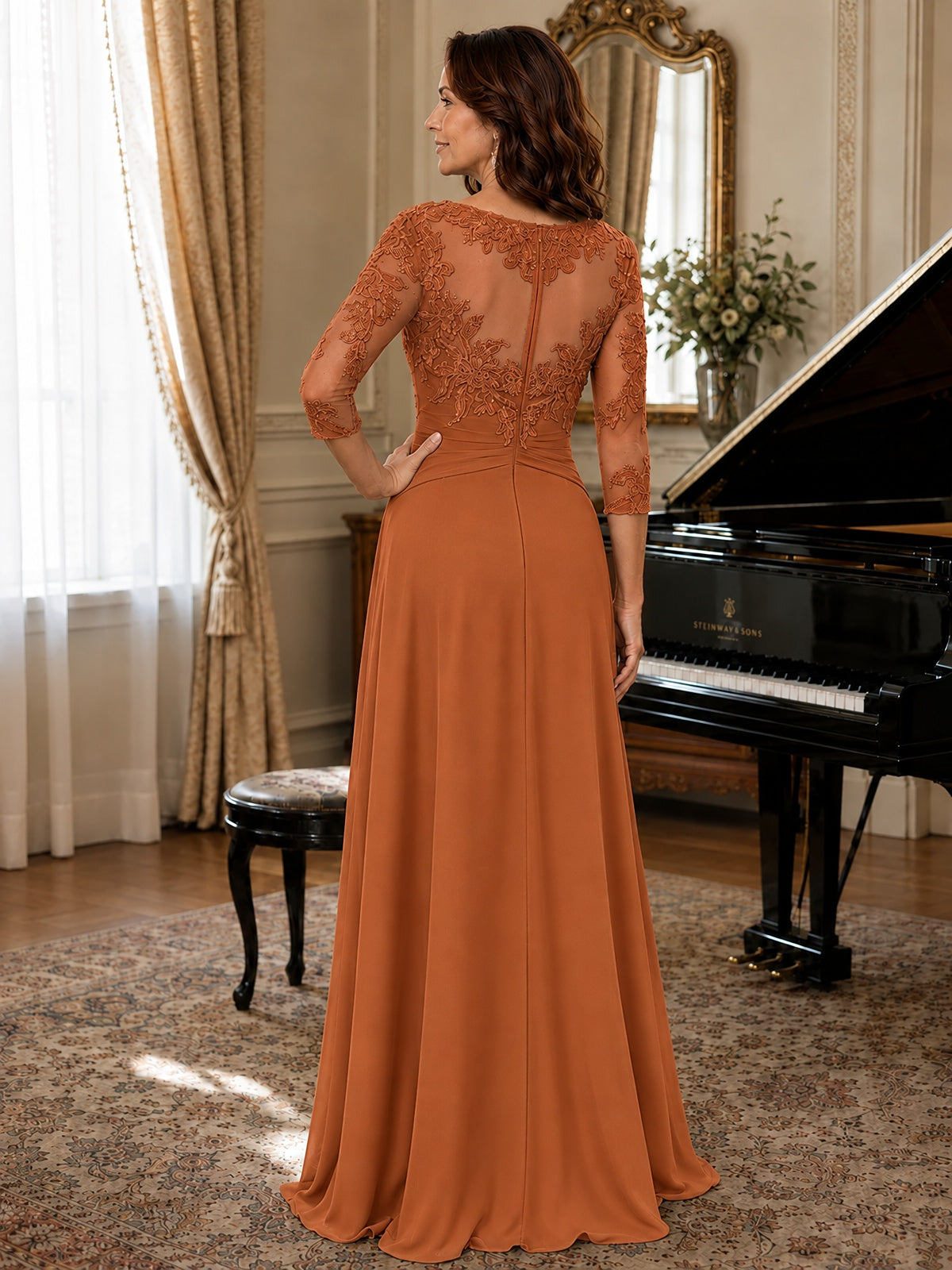 A-Line Chiffon Mother of the Bride Dress with Floral Applique 3/4 Sleeves