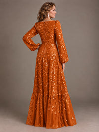 Floral Sequin Embroidered A-Line Mother of the Bride Dress with Long Sleeves