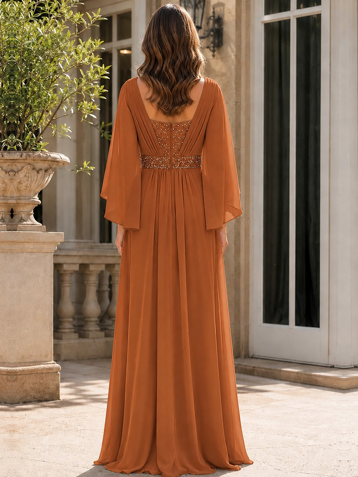 Elegant V-Neck Sequined Chiffon Mother of the Bride Dress with Flutter Sleeves