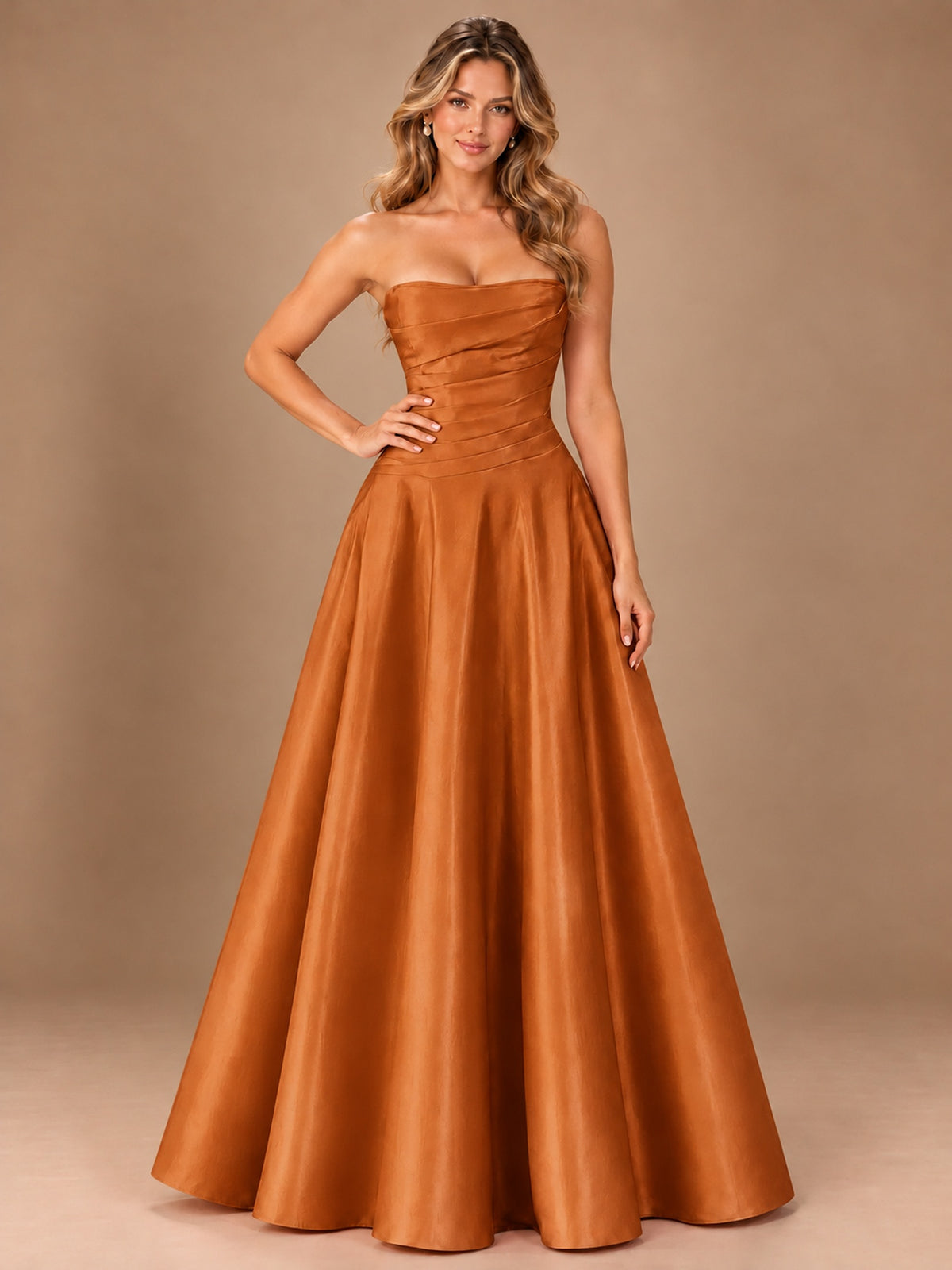 Blush Pink Strapless Satin A-Line Prom Dress with Ruched Bodice