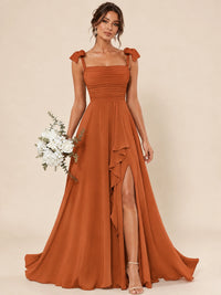 Ruffle Slit Chiffon A Line Scoop Neck Bridesmaid Dresses with Pockets