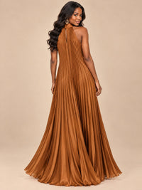 Rust Orange Pleated Halter Neck Maxi Dress