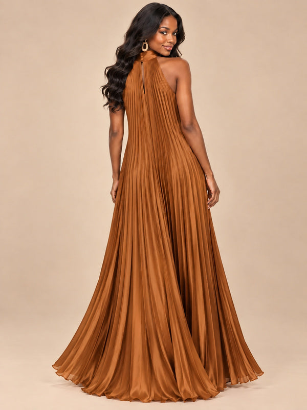 Rust Orange Pleated Halter Neck Maxi Dress