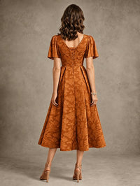 V-Neck Floral Jacquard Tea-Length Mother of the Bride Dress