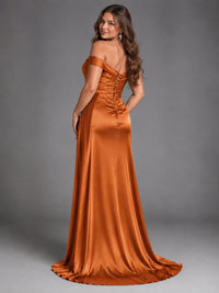 Off Shoulder Satin Maxi Dress with Slit