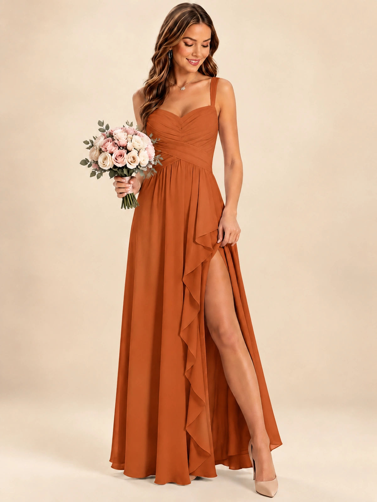 Spaghetti Straps Pleated Chiffon Bridesmaid Dress with Ruffle Slit