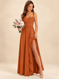 Spaghetti Straps Pleated Chiffon Bridesmaid Dress with Ruffle Slit