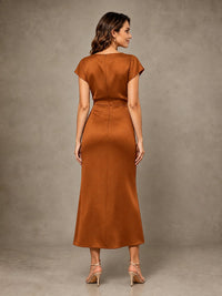 Cowl Neck Satin Mother of the Bride Dress with Ruched Waist