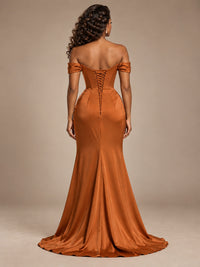 Burgundy Off-the-Shoulder Satin Corset Prom Dress with Slit