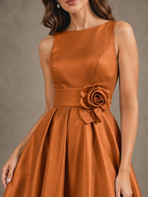 Tea-Length Satin Mother of the Bride Dress with 3D Flower Detail