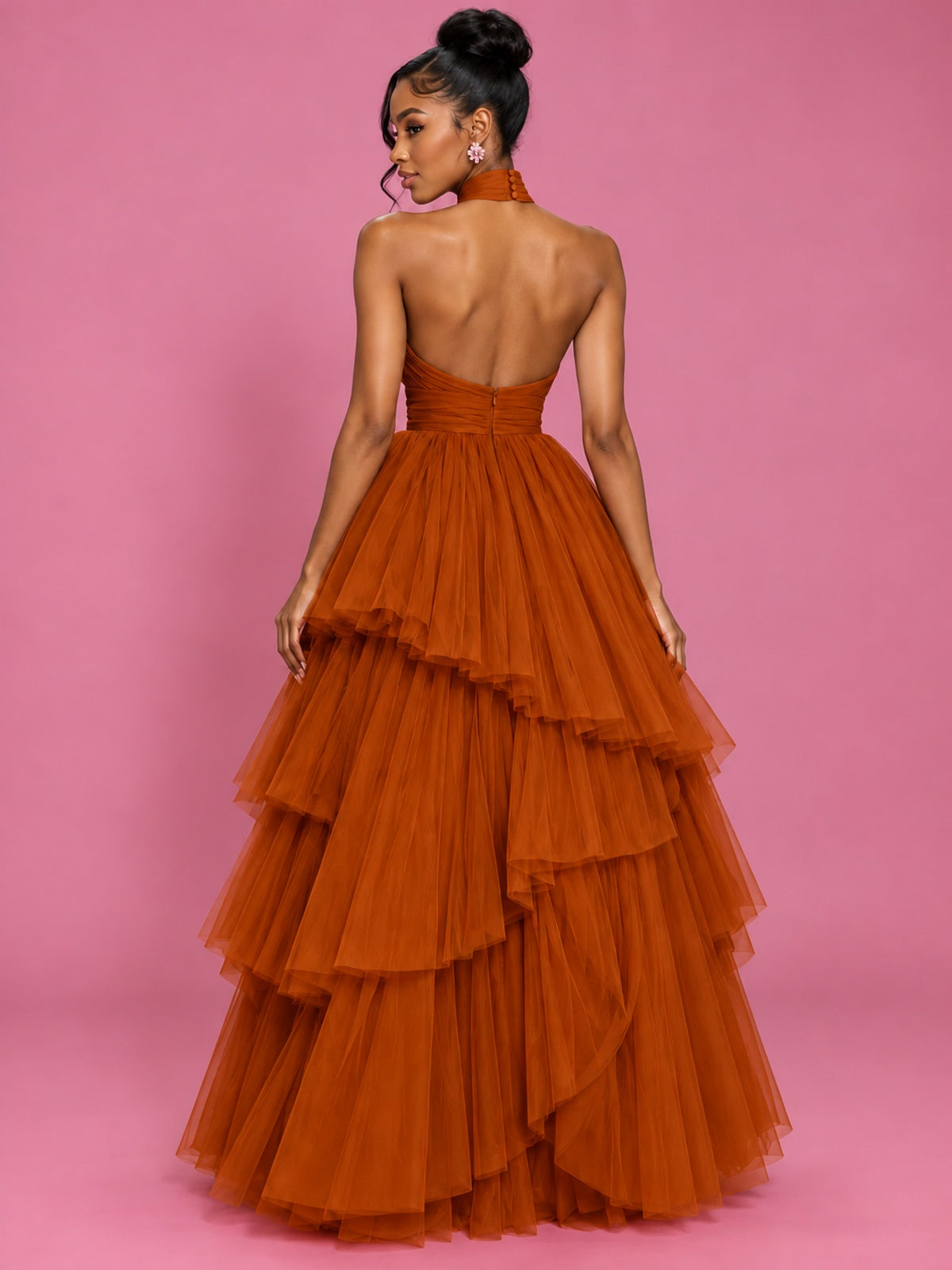 Hot Pink Tulle Halter Neck Tiered Ruffle Maxi Dress