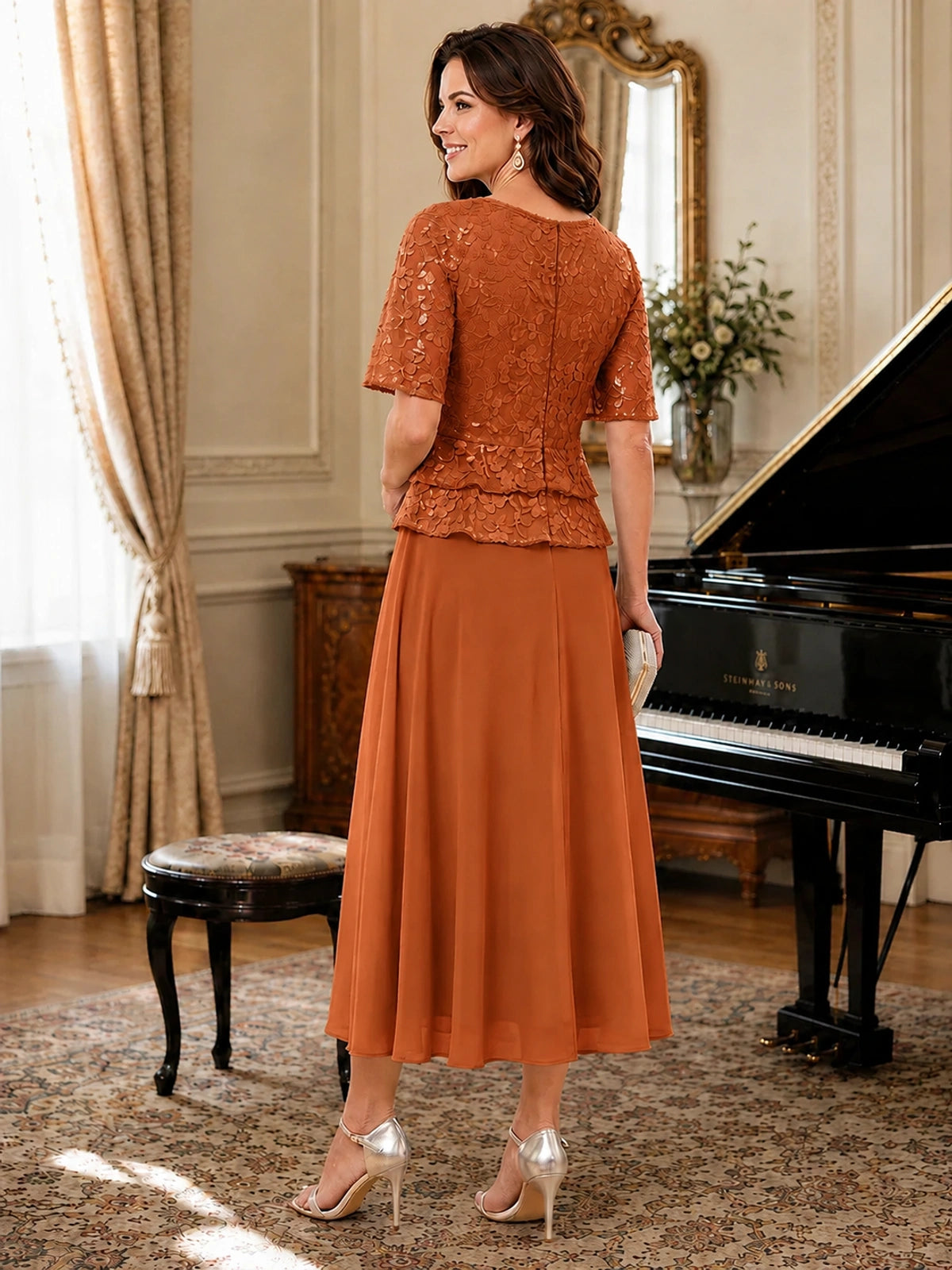 Tea-Length Chiffon Mother of the Bride Dress with Sequin Lace Sleeves