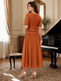 Tea-Length Chiffon Mother of the Bride Dress with Sequin Lace Sleeves