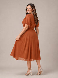 Navy Blue A-Line V-Neck Tea-Length Mother of the Bride Dress