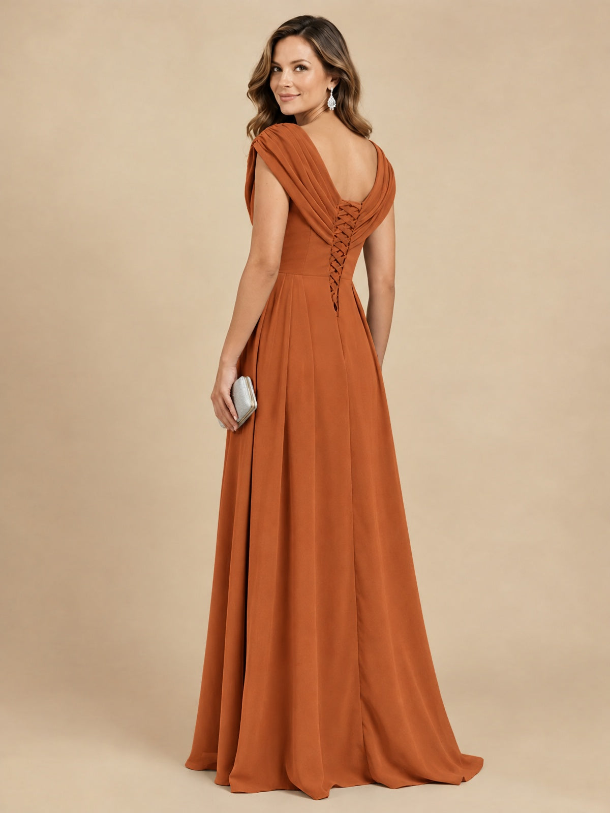 V Neck Pleated Mother of The Bride Dresses with Beading Cap Sleeves