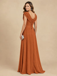 V Neck Pleated Mother of The Bride Dresses with Beading Cap Sleeves