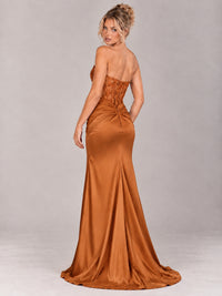 Strapless Satin Prom Dress with Sheer Lace Corset & High Slit