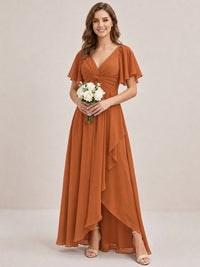 Dusty Blue Chiffon Bridesmaid Dress with Flutter Sleeves & High-Low Hem