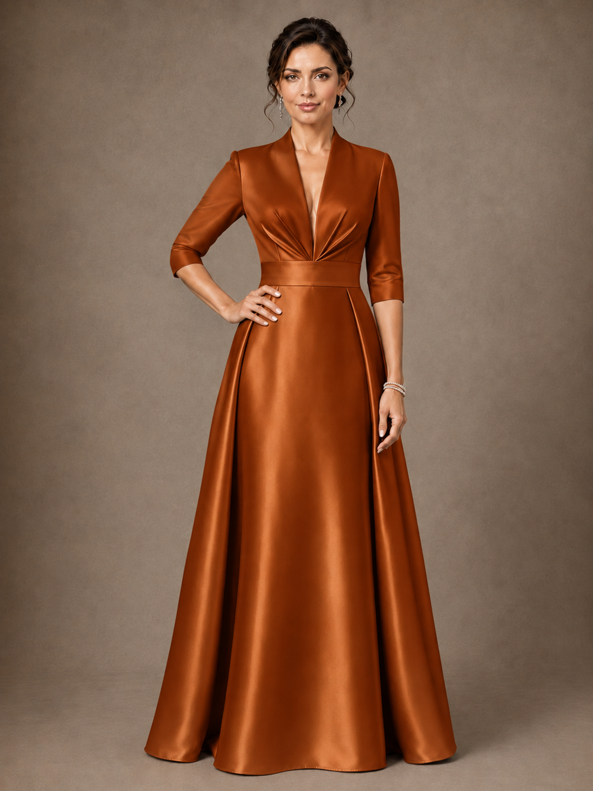 V-Neck Pleated Satin Mother of the Bride Gown with 3/4 Sleeves