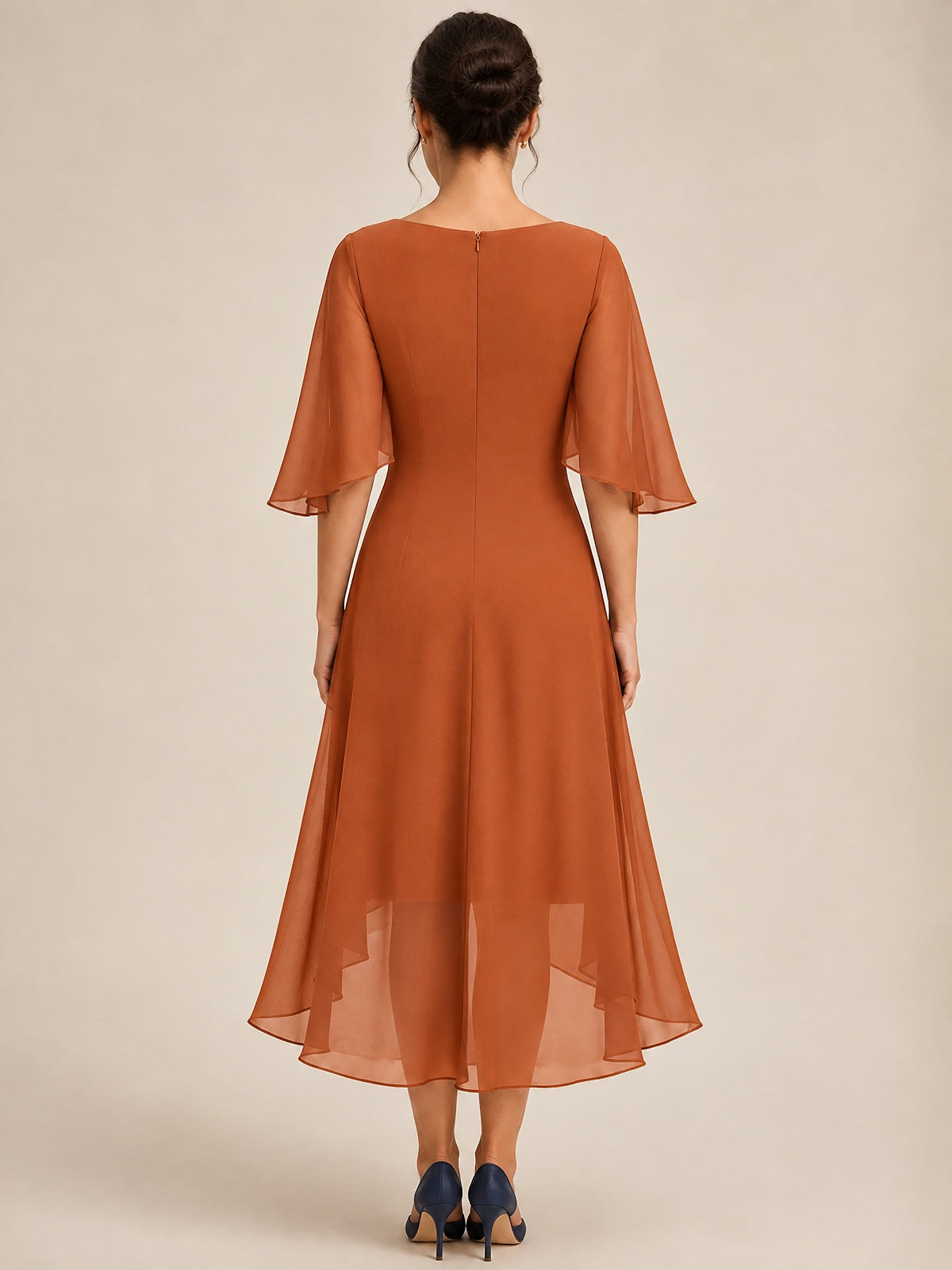 Cowl Neck Ruched Chiffon Mother of the Bride Dresses with Flutter Sleeves