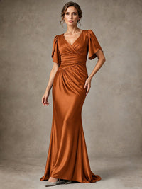V-Neck Satin Mother of the Bride Dress with Flutter Sleeves