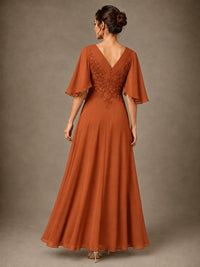 V-Neck Chiffon Lace Mother of the Bride Dress with Flutter Sleeves