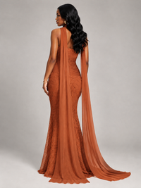 Pleated Chiffon Lace Prom Dresses Long Bodycon Mermaid with Scarf