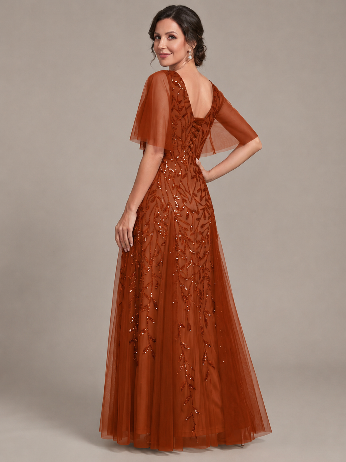 V-Neck Sequin Tulle Mother of the Bride Dress with Flutter Sleeve