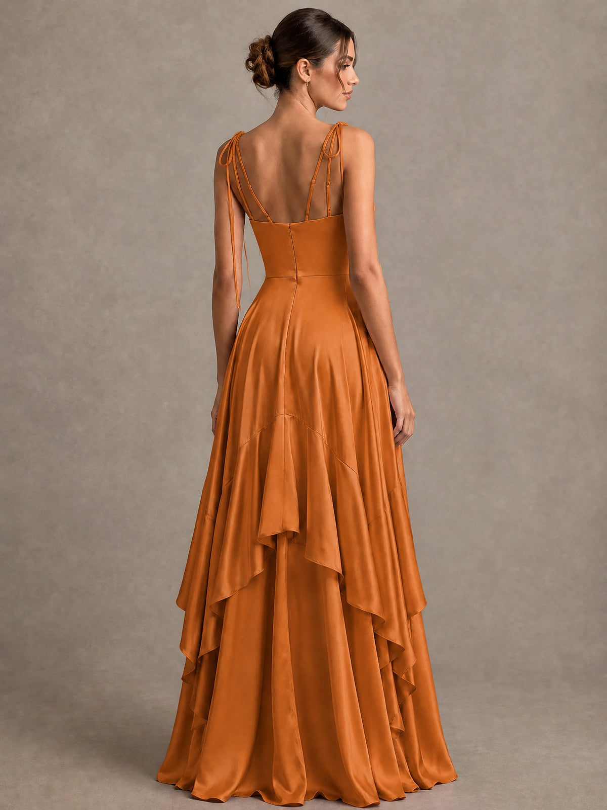 Lavender Satin V-Neck Ruffle Maxi Dress