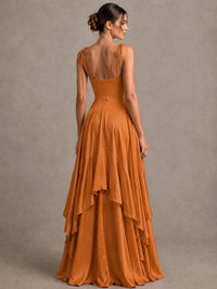 Lavender Satin V-Neck Ruffle Maxi Dress
