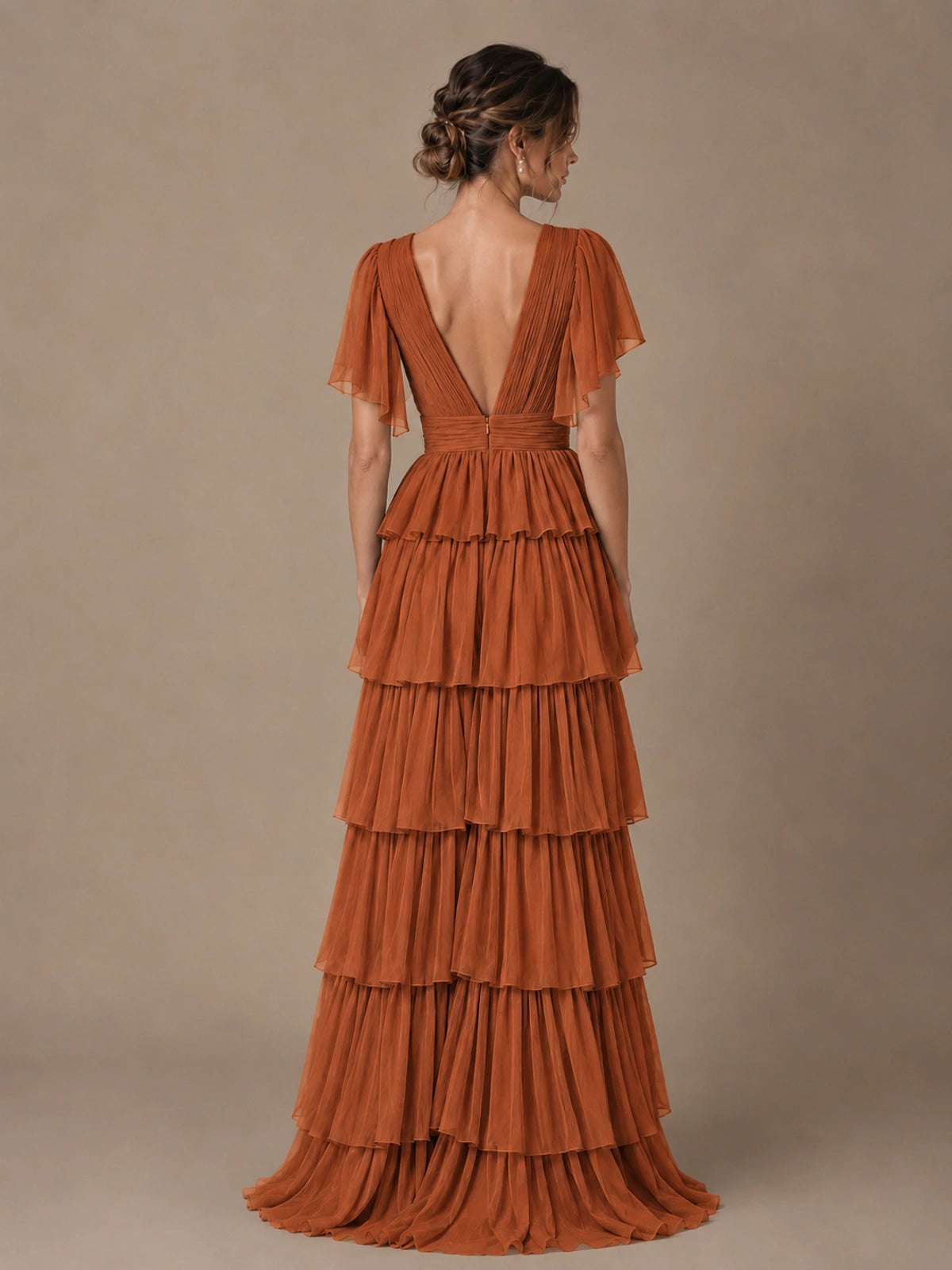 Chiffon V-Neck Tiered Ruffle Bridesmaid Dress with Slit