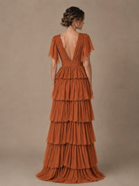 Chiffon V-Neck Tiered Ruffle Bridesmaid Dress with Slit