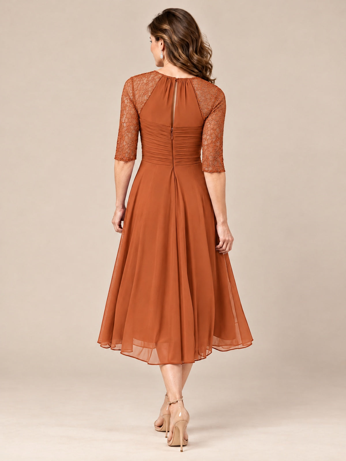 Tea-Length Mother of the Bride Dress with Lace 3/4 Sleeves