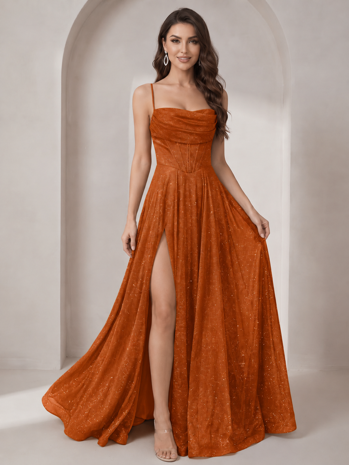 Sparkly Cowl Neck Corset Long Prom Dress with Slit A-line Tulle Ball Gown