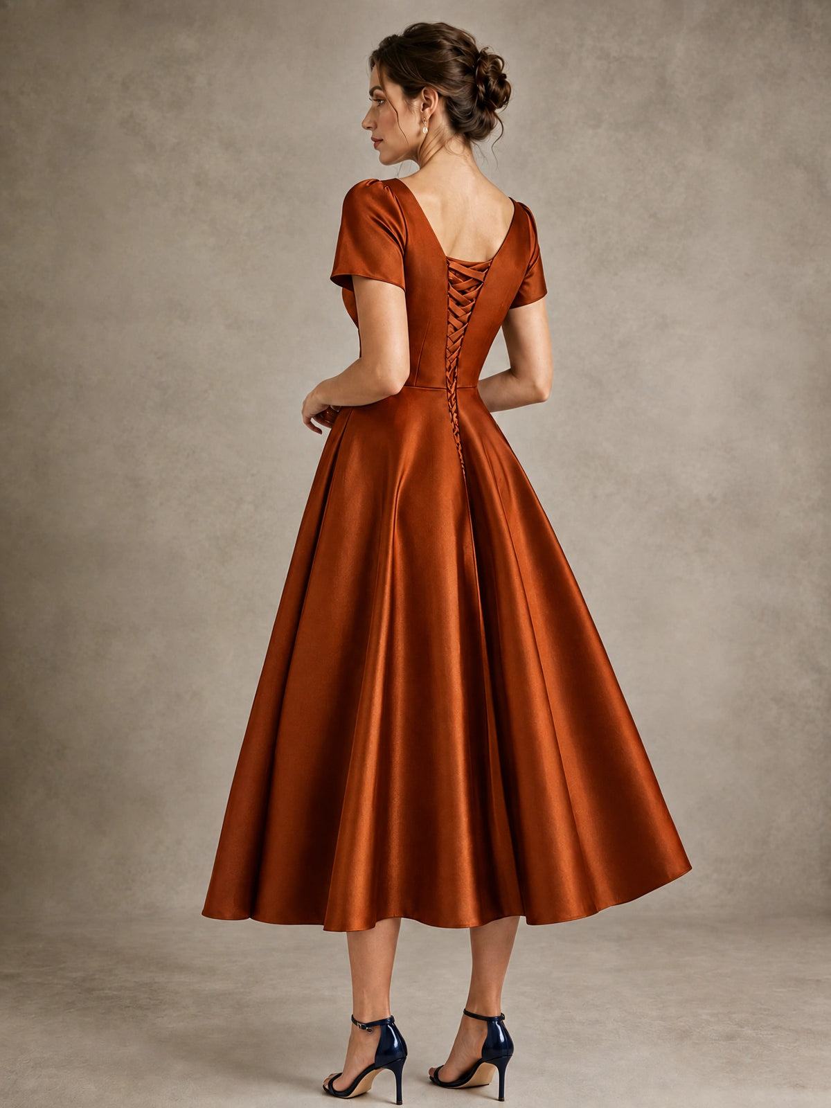 V-Neck Tea-Length Satin Mother of the Bride Dress with Bow