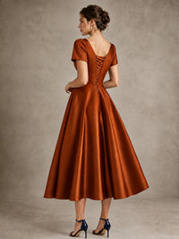 V-Neck Tea-Length Satin Mother of the Bride Dress with Bow