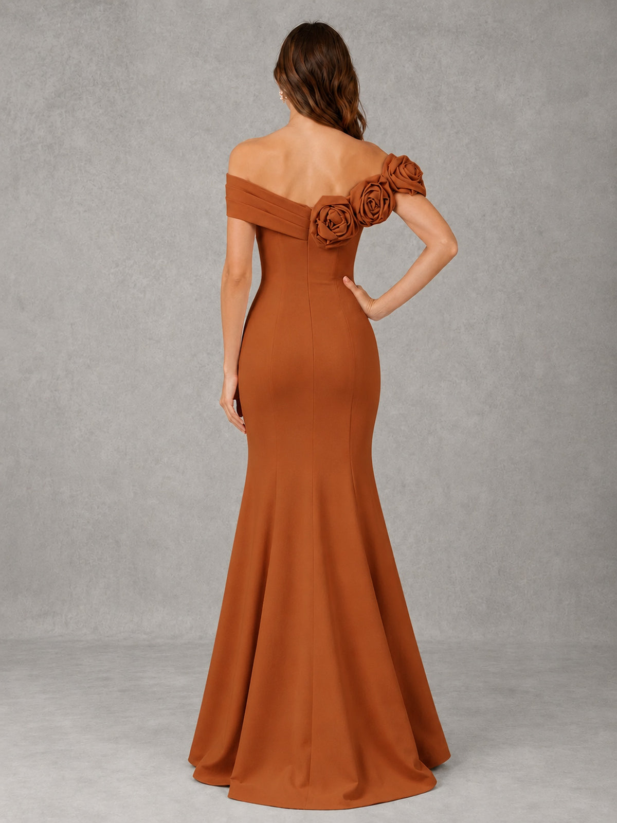 Blush Pink Off Shoulder Mermaid Bridesmaid Dress with Floral Rosette
